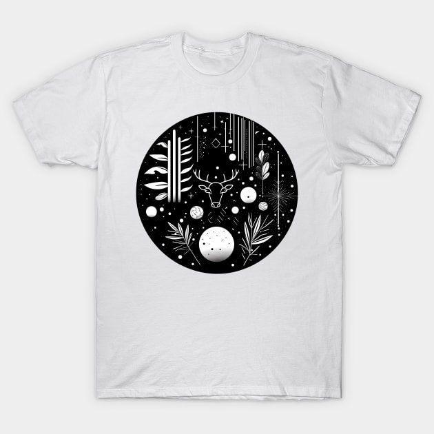 Black and White Abstract Geometric Deer T-Shirt by Czajnikolandia